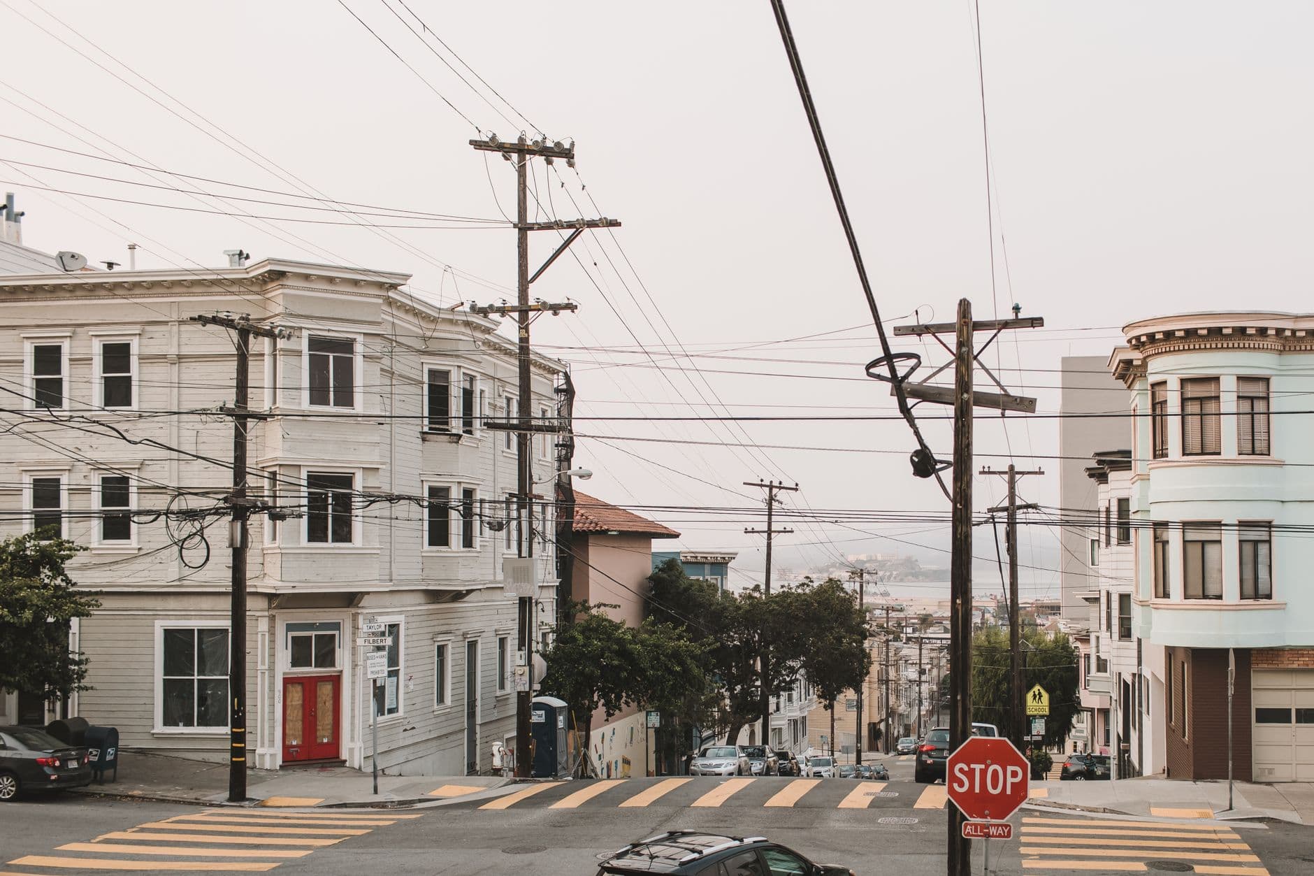 A classic urban street view in San Francisco featuring iconic architecture and city life.